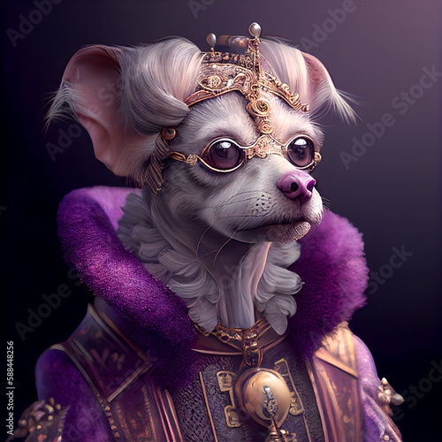 The dog is a queen in a lilac mantle in steampunk style.