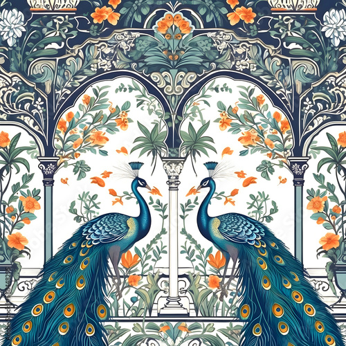 Traditional Mughal garden  arch  peacock  plant and bird illustration. Generative ai.