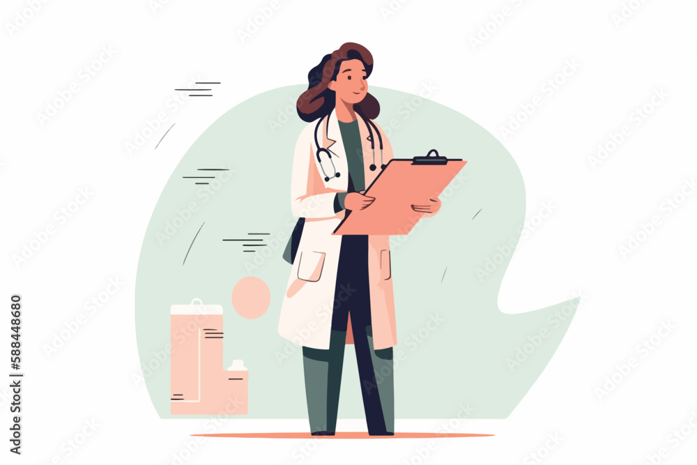 Woman doctor holds a medical record and smile on a white background, vector flat illustration, Medical tests concept, Health сare сoncept. Physician Holding a Clipboard.