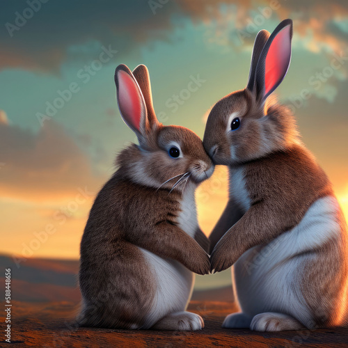 Illustration of two cute rabbits enjoying each other's company created with Generative AI technology