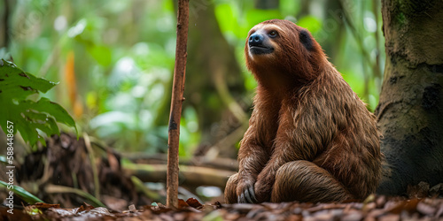 Adorable sloth sitting funny in a meadow during spring - generative AI