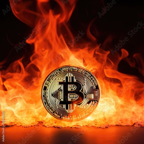 Illustration of a burning bitcoin on a dark backdrop created with Generative AI technology