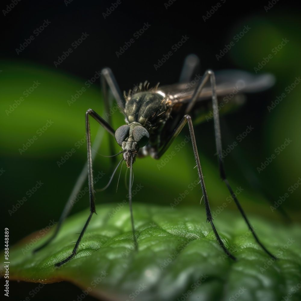 Illustration of a mosquito perched on a green leaf in extreme close-up created with Generative AI technology Illustration of a mosquito perched on a green leaf in extreme close-up created with Generative AI technology