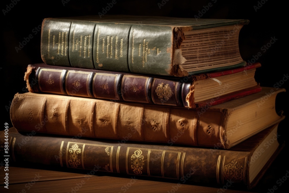 Illustration of a wooden table with a colorful stack of books on top created with Generative AI technology Illustration of a wooden table with a colorful stack of books on top created with Generative AI technology
