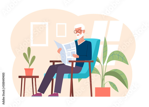 Old man with glasses sits in an armchair and reads newspaper. Leaving room home interior, pensioner lifestyle, senior age people. Grandfather cartoon flat illustration. Vector concept