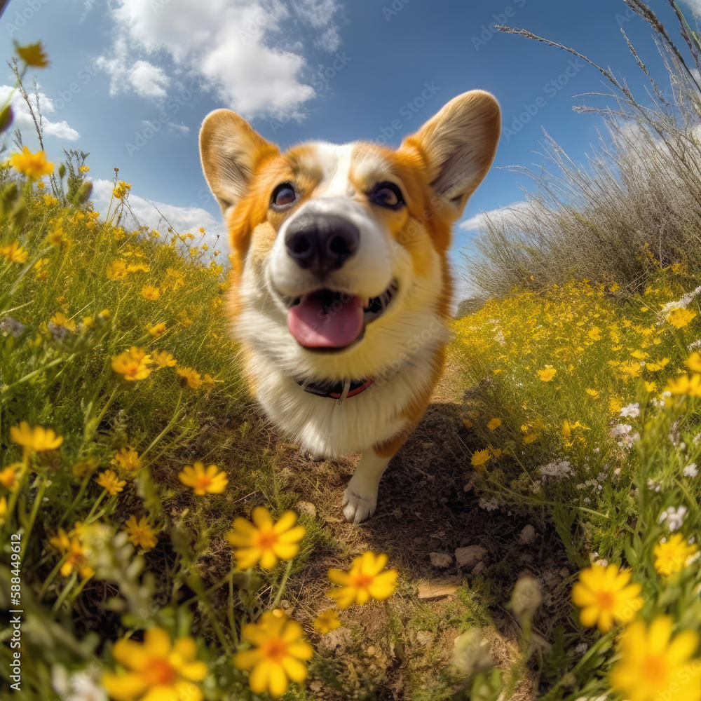 A Pembroke Welsh Corgi excitedly bounding up a hill covered with wildflowers. Generative AI.