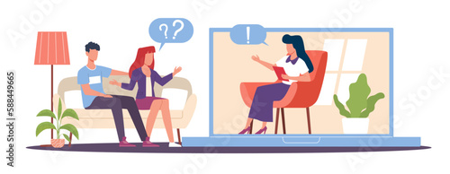 Online counseling concept, couple discussing mental problems with family psychologist. Couple misunderstanding. Cartoon characters flat style isolated illustration. Vector psychotherapy help