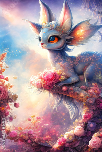 Cute little magical fairy creature surrounded by flowers, children story book illustration. Generative Ai.