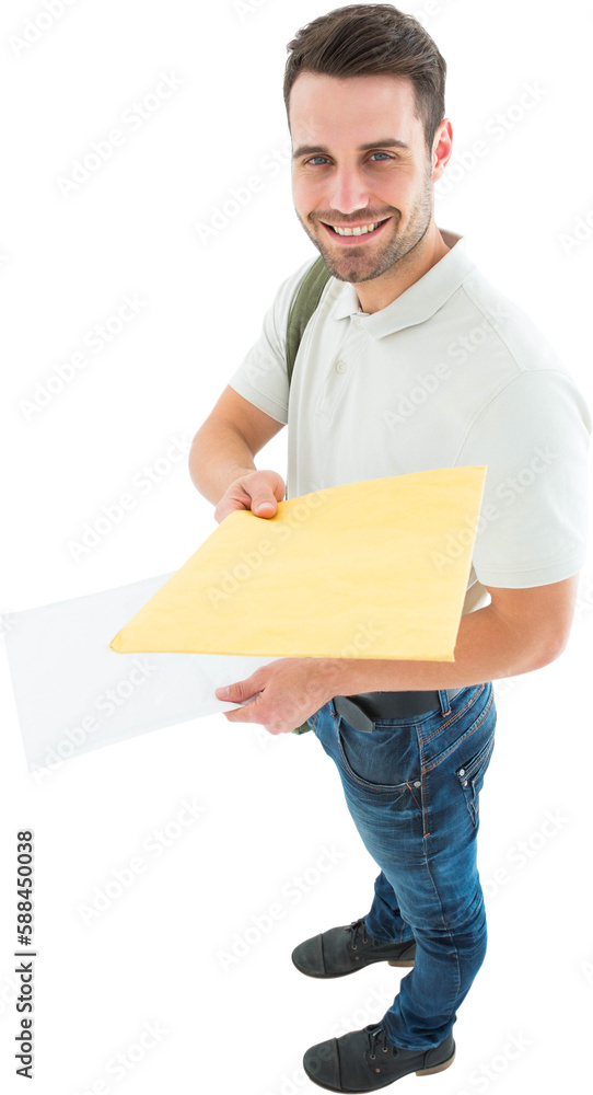 Happy derivery man giving envelop Happy derivery man giving envelop