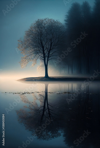 Tree reflected in water, foggy, vertical. Generative AI © Sunshower Shots