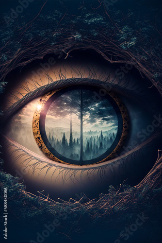 Eye looking into a forest  wilderness  vertical. Generative AI