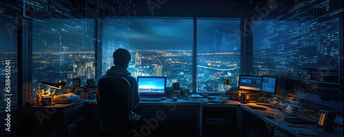 A young man from generation z as home worker on his notebook, hacker alone in his technical  penthouse office with desk, tv, view of a modern city, Generative AI