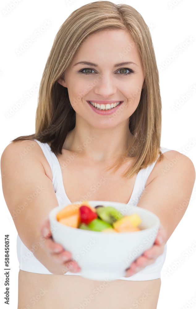 Portrait of woman offering you bowl of fruits Portrait of woman offering you bowl of fruits