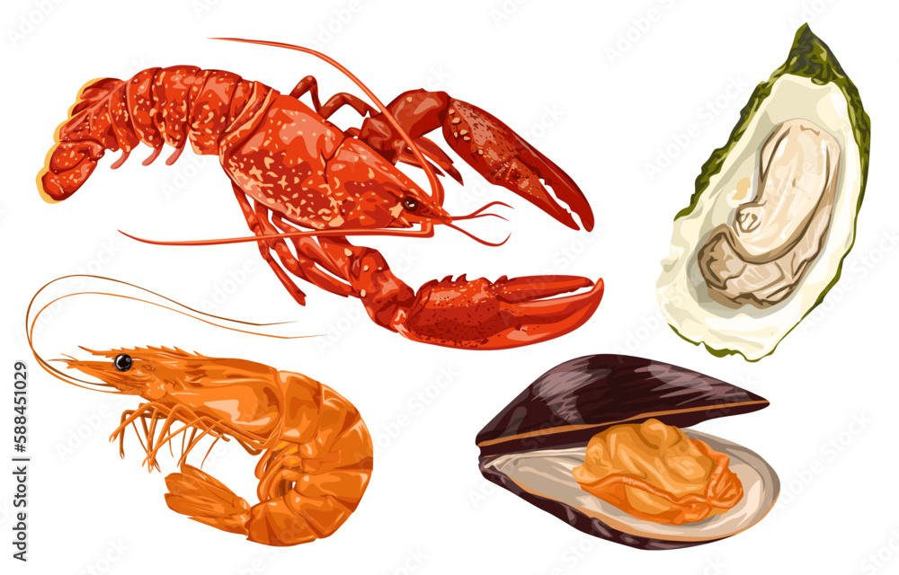 Cartoon set of seafood. gourmet food, crayfish, shrimp, lobster