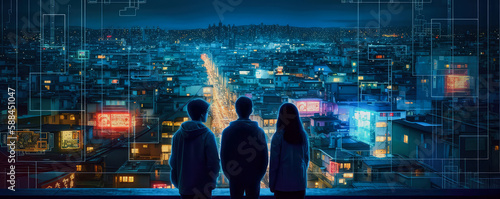 Group of young peoples, technical outlook into the future of Generation Z in a city from top of a building at the blue hour, watching the skyline, Generative AI