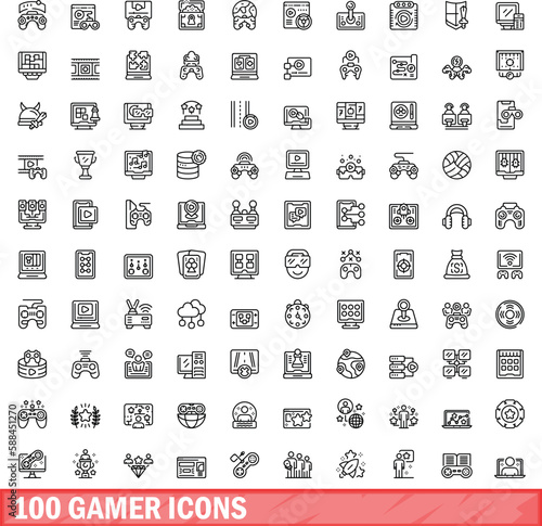 100 gamer icons set. Outline illustration of 100 gamer icons vector set isolated on white background