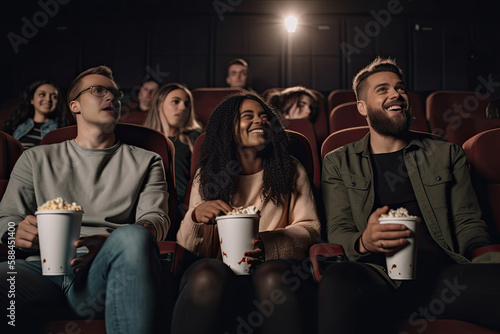 Group of young people watching movie in cinema and eating popcorn. Focus on woman, Generative AI