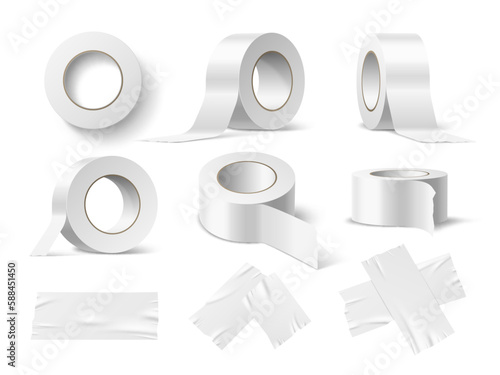 Realistic scotch tape. Sticky rolls in different angles, office stationery, painting adhesive supplies, white paper tape mockup, blank clean 3d elements, delivery packaging, utter vector set