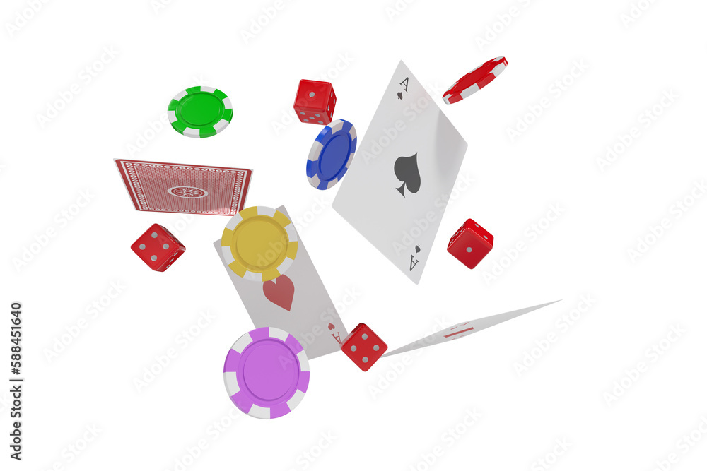 Naklejka premium 3D image of playing cards with casino tokens and dice