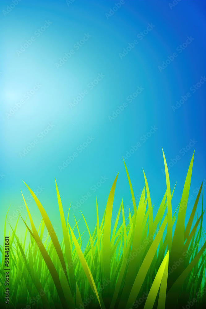 Green grass and sun, blue sky with sunshine, green grass background for ...
