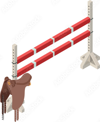 Horseback riding icon isometric vector. Horse brown saddle near equestrian fence. Equestrian sport, hobby