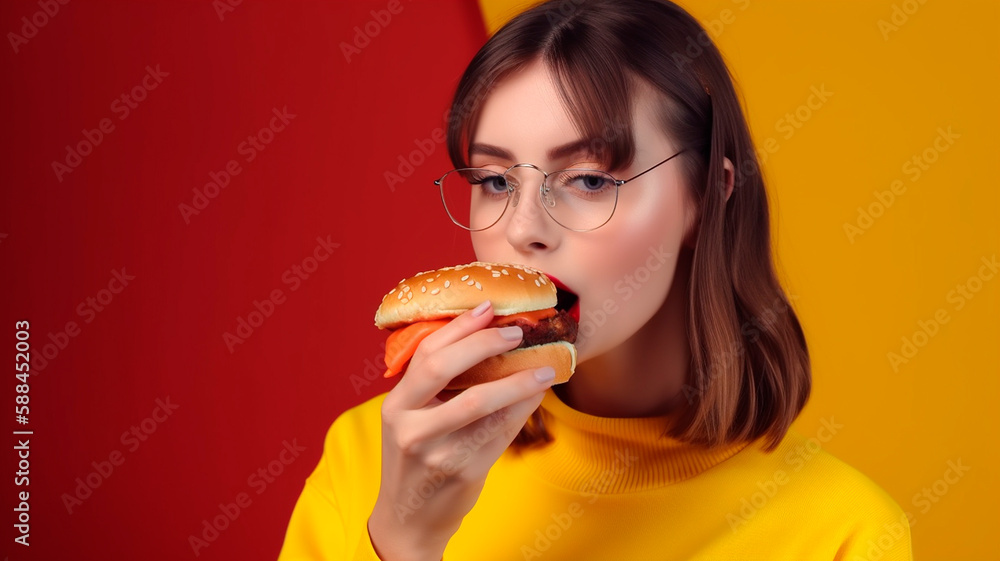 Girl eating burger on color background, created with Generative AI Technology
