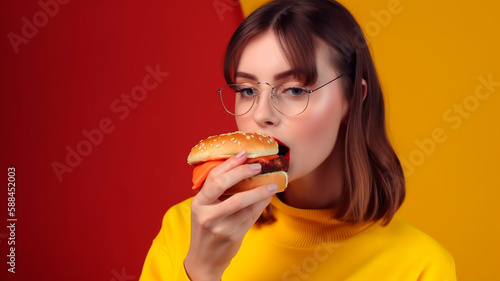 Girl eating burger on color background  created with Generative AI Technology