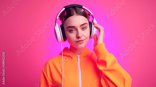 Stylish girl with headphones on bright background, Studio shot, created with Generative AI Technology