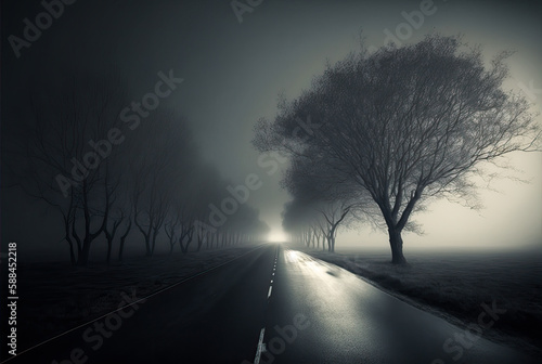 Foggy empty street at night, trees, rural. Generative AI