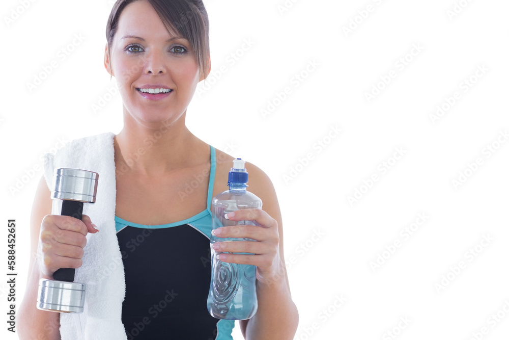 Portrait of woman holding dumbbell and water bottle Portrait of woman holding dumbbell and water bottle