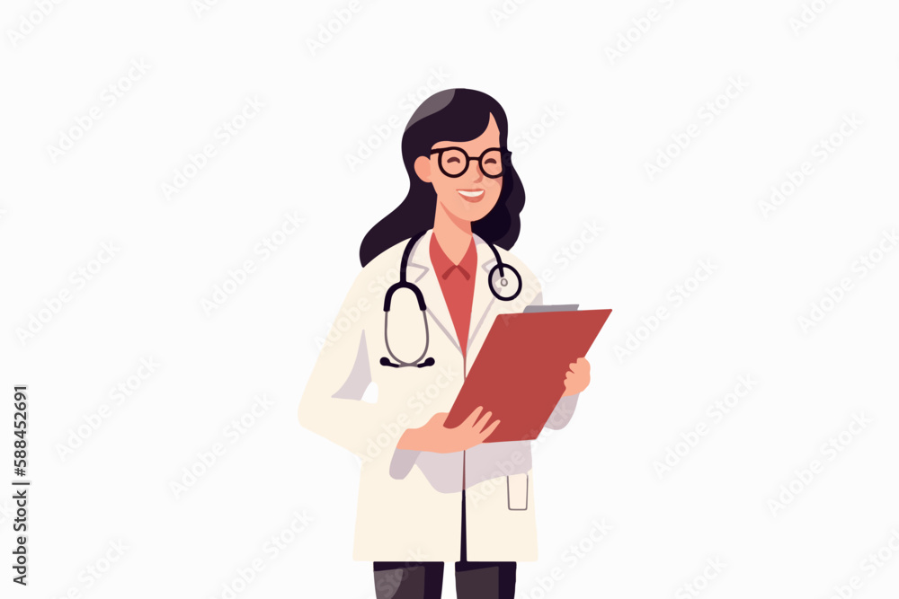 Woman doctor holds a medical record and smile on a white background, vector flat illustration, Medical tests concept, Health сare сoncept. Physician Holding a Clipboard. Woman doctor holds a medical record and smile on a white background, vector flat illustration, Medical tests concept, Health сare сoncept. Physician Holding a Clipboard.
