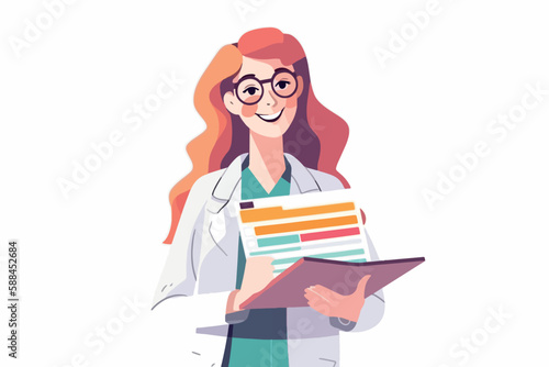 Woman doctor holds a medical record and smile on a white background, vector flat illustration, Medical tests concept, Health сare сoncept. Physician Holding a Clipboard.