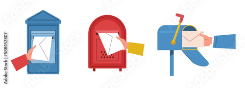 Set of mailboxes where people put their letters. Hand hold envelope, correspondence sending, different types postbox, new message graphic, postal service vector cartoon flat illustration