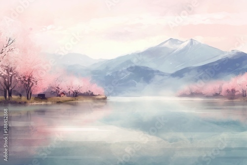 A serene lake surrounded by pink cherry blossoms, with a distant mountain range impressionist style peaceful mood. Watercolor style. Generated AI. © snesivan
