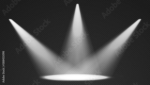 Three stage limelights. White conelights from top with darkened edges. Volumetric spotlight effect on dark background. Empty studio or concert scene. 3d rendering.