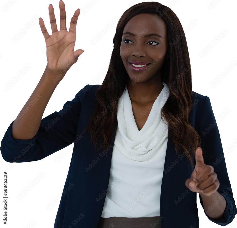Smiling businesswoman using interface screen Smiling businesswoman using interface screen