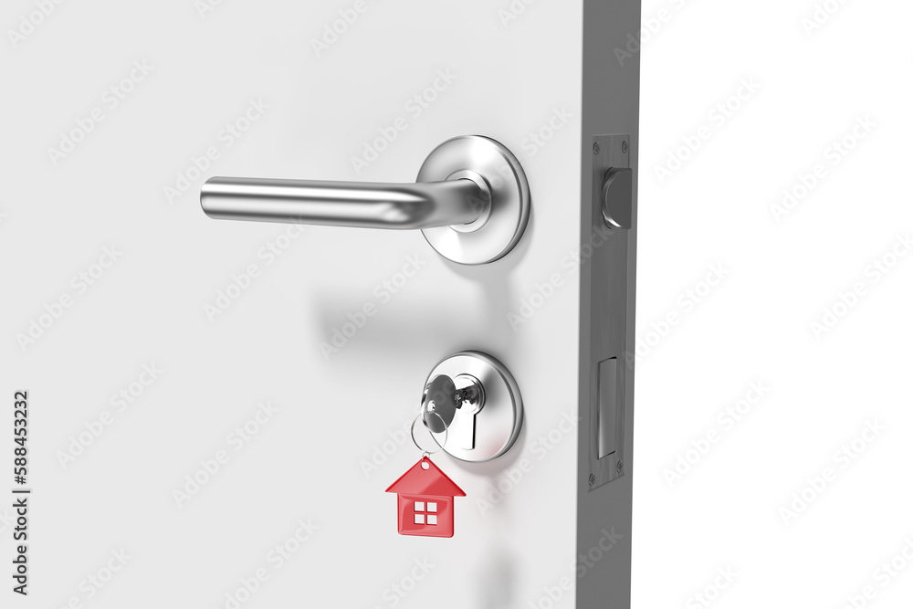 Naklejka premium Digitally generated image of open door with house key