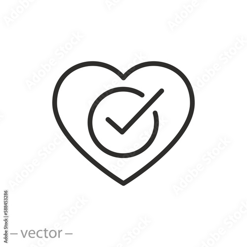 heart with check mark icon, cholesterol free, health cardiovascular system, thin line symbol on white background - editable stroke vector illustration eps10