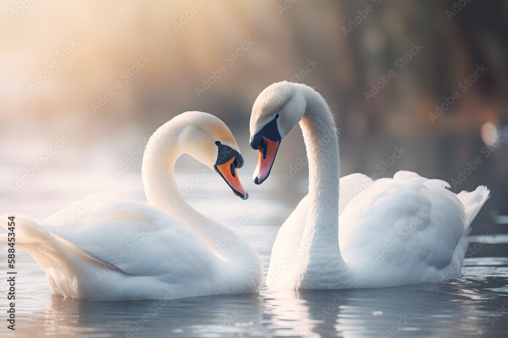Fototapeta premium Two affectionate swans in winter pond. Generative AI.