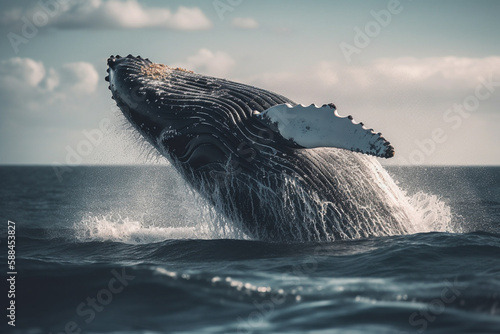 A whale jumps out of the water in the ocean. © David