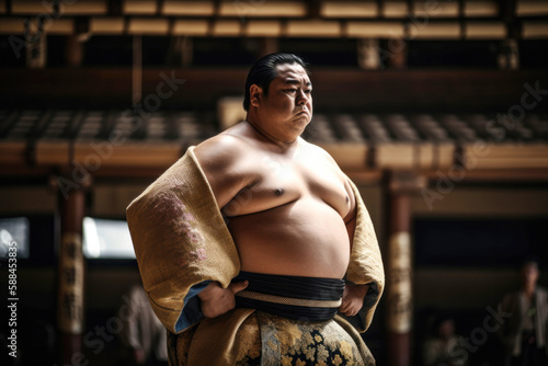 Portrait of Japanese sumo wrestler in Dohyo. Generative AI.  photo