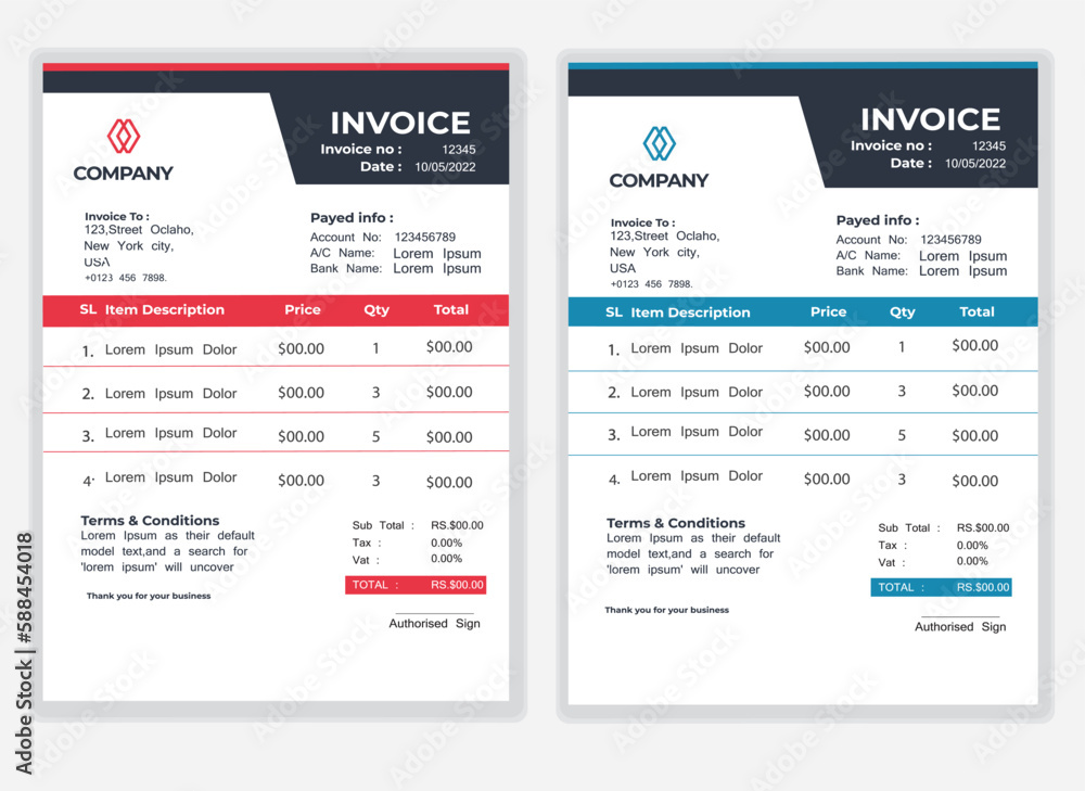 Business Minimal Corporate Invoice design template vector illustration bill form price . Creative template and stationery design payment agreement design template Cash Memo, Vector Quotation Design