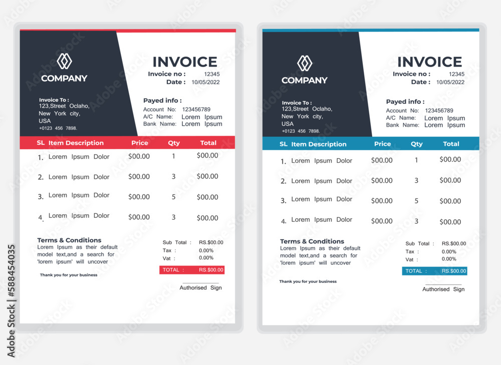 Business Minimal Corporate Invoice design template vector illustration bill form price . Creative template and stationery design payment agreement design template Cash Memo, Vector Quotation Design