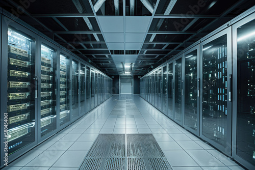 Computer server room in building. Generative AI. 