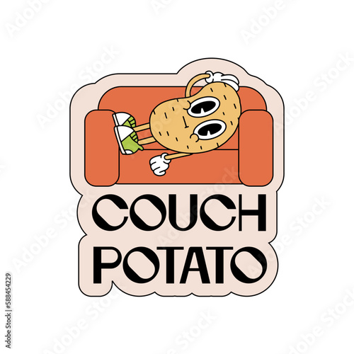Lazy couch potato retro cartoon character snoozing on a erd sofa with typographic text in 90s vintage style. Hand rdawn vector contour illustration isolated on white.