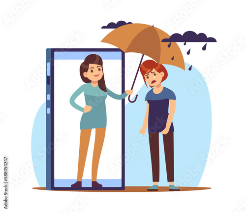 Woman holds umbrella over her distraught friend from her cell phone screen. Help and support online conversation, distance communication, psychology cartoon illustration. Vector concept