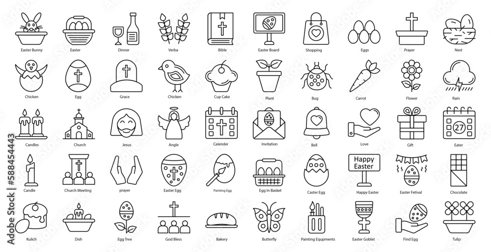 Easter Thin Line Icons Religion Festival Eggs Iconset in Outline Style 50 Vector Icons in Black