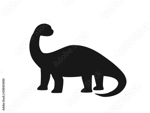 Black silhouette cute diplodocus with long neck and short legs. Funny prehistoric animal. Hand drawn vector illustration isolated on white background, flat style