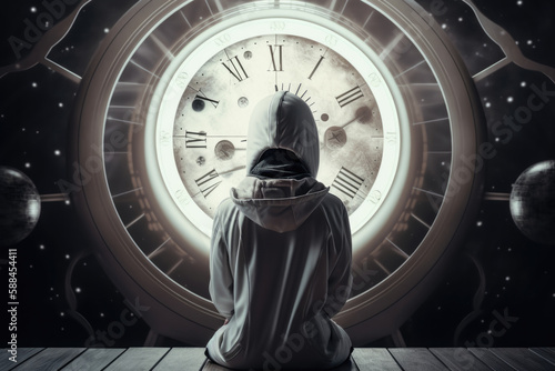 Futuristic woman sitting in front of clock illustrating passage of time. Generative AI.  photo