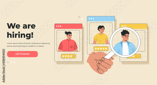 Hiring agency, headhunting concept. Selection of best candidate for Job. Landing page template. Hand drawn color vector illustration isolated on light background, flat cartoon style